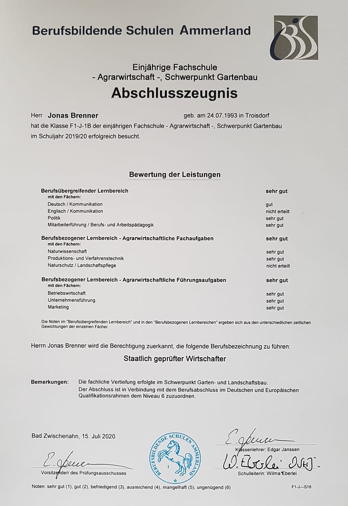 Abschlusszeugnis Wirtschafter